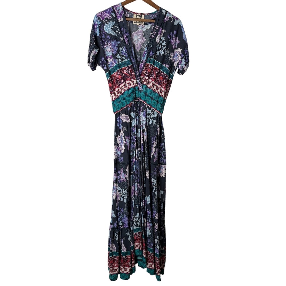 JAASE Women's Small Boho Floral Geometric Tiered V-Neck Maxi Dress Navy Blue
